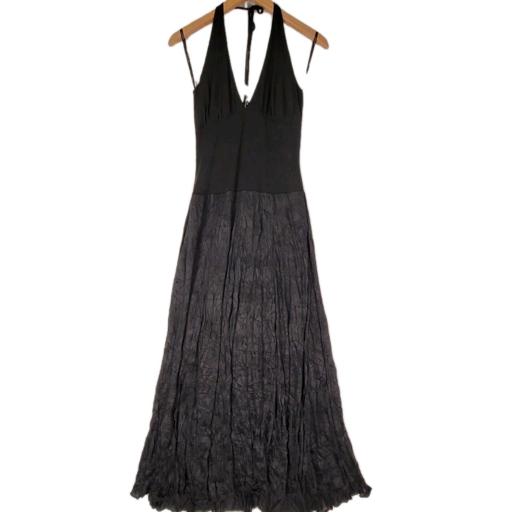 MY MICHELLE BLACK HALTER MIDI BUSTLE DRESS MEDIUM CRINKLE SKIRT USA VINTAGE